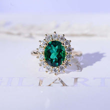 Load image into Gallery viewer, 3 CT Oval Halo Emerald Vintage Wedding Ring. 14K Solid Gold Engagement Ring Anniversary Ring, Baguette Double Halo Ring