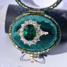 Load image into Gallery viewer, 3 CT Oval Halo Emerald Vintage Wedding Ring. 14K Solid Gold Engagement Ring Anniversary Ring, Baguette Double Halo Ring