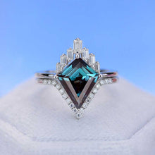 Load image into Gallery viewer, 14K White Gold 3 Carat Kite Alexandrite Halo Engagement Ring, Eternity Ring Set