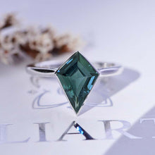 Load image into Gallery viewer, 3 Carat Kite Teal Sapphire Bezel Solitaire Engagement Platinum Ring