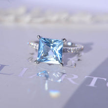 Load image into Gallery viewer, 3 Carat Princess Cut Aquamarine Hidden Halo Gold Engagement Ring