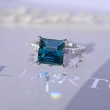 Load image into Gallery viewer, 3 Carat Princess Cut Teal Sapphire Hidden Halo Gold Engagement Ring