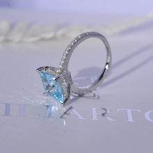 Load image into Gallery viewer, 3 Carat Princess Cut Aquamarine Hidden Halo Gold Engagement Ring