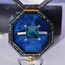 Load image into Gallery viewer, 3 Carat Princess Cut Teal Sapphire Hidden Halo Gold Engagement Ring