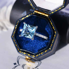 Load image into Gallery viewer, 3 Carat Princess Cut Aquamarine Hidden Halo Gold Engagement Ring