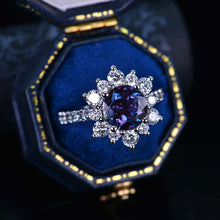 Load image into Gallery viewer, 2 Carat Round Alexandrite Snowflake Halo Engagement Ring. Victorian 14K White Gold Ring