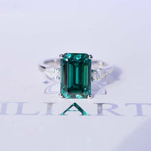 Load image into Gallery viewer, 4 Carat Giliarto Elongated Emerald Cut Green Moissanite Gold Engagement Ring