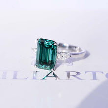 Load image into Gallery viewer, 4 Carat Giliarto Elongated Emerald Cut Green Moissanite Gold Engagement Ring