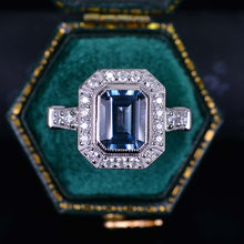 Load image into Gallery viewer, v3 Carat Vintage Style Emerald Cut Teal Sapphire White Gold Engagement Ring