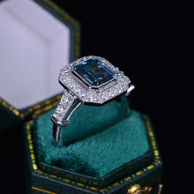 Load image into Gallery viewer, 3 Carat Vintage Style Emerald Cut Teal Sapphire White Gold Engagement Ring