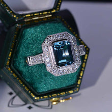 Load image into Gallery viewer, 3 Carat Vintage Style Emerald Cut Teal Sapphire White Gold Engagement Ring