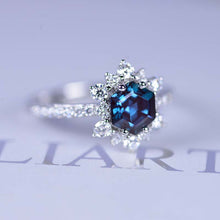 Load image into Gallery viewer, 3 Carat Hexagonal Alexandrite Snowflake Halo Engagement Ring. Victorian 14K Rose Gold Ring