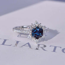 Load image into Gallery viewer, 3 Carat Hexagonal Alexandrite Snowflake Halo Engagement Ring. Victorian 14K Rose Gold Ring