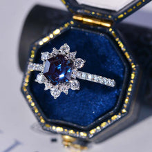 Load image into Gallery viewer, 3 Carat Hexagonal Alexandrite Snowflake Halo Engagement Ring. Victorian 14K Rose Gold Ring