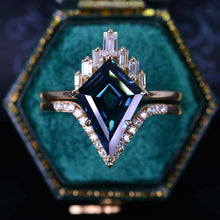 Load image into Gallery viewer, 14K Gold 5 Carat Kite Teal Sapphire Halo Engagement Ring, Eternity Ring Set