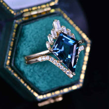 Load image into Gallery viewer, 14K Gold 5 Carat Kite Teal Sapphire Halo Engagement Ring, Eternity Ring Set