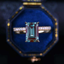 Load image into Gallery viewer, 3Ct Alexandrite Engagement Ring Halo Elongated Step Cut Alexandrite Engagement Ring, 9x7mm Elongated Emerald Cut Alexandrite Engagement Ring with Eternity Band