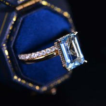 Load image into Gallery viewer, 3Ct Aquamarine Engagement Ring Halo Elongated Step Cut Aquamarine Engagement Ring, 9x7mm Elongated Emerald Cut Aquamarine Engagement Ring with Eternity Band