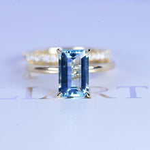 Load image into Gallery viewer, 3Ct Aquamarine Engagement Ring Halo Elongated Step Cut Aquamarine Engagement Ring, 9x7mm Elongated Emerald Cut Aquamarine Engagement Ring with Eternity Band