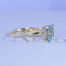 Load image into Gallery viewer, 3Ct Aquamarine Engagement Ring Halo Elongated Step Cut Aquamarine Engagement Ring, 9x7mm Elongated Emerald Cut Aquamarine Engagement Ring with Eternity Band
