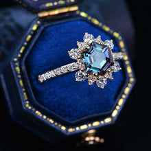 Load image into Gallery viewer, 3 Carat Hexagon Alexandrite Snowflake Halo Engagement Ring. Victorian 14K Yellow Gold Ring