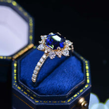 Load image into Gallery viewer, 3 Carat Hexagon Sapphire Snowflake Halo Engagement Ring. Victorian 14K Yellow Gold Ring