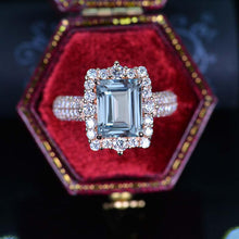 Load image into Gallery viewer, 3Ct Genuine Aquamarine Engagement Ring. Halo Emerald Cut Genuine Aquamarine 14K Rose Gold Engagement Ring, 9x7mm Step Cut Genuine Aquamarine Engagement Ring