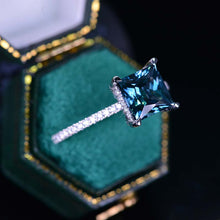 Load image into Gallery viewer, 3 Carat Teal Sapphire Princess Cut Engagement Gold Ring.