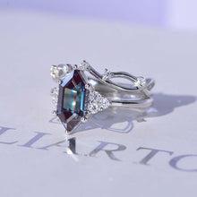 Load image into Gallery viewer, 14K White Gold 3 Carat Hexagon Alexandrite Halo Engagement Ring, Eternity Ring Set