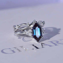 Load image into Gallery viewer, 14K White Gold 3 Carat Hexagon Alexandrite Halo Engagement Ring, Eternity Ring Set
