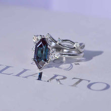 Load image into Gallery viewer, 14K White Gold 3 Carat Hexagon Alexandrite Halo Engagement Ring, Eternity Ring Set