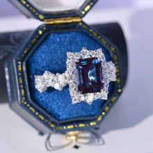Load image into Gallery viewer, 4 Carat Vintage Style 10x8mm Emerald Cut Alexandrite White Gold Floral Shank Fairy Tail Halo Engagement Ring