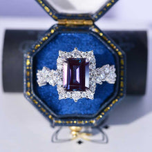 Load image into Gallery viewer, 4 Carat Vintage Style 10x8mm Emerald Cut Alexandrite White Gold Floral Shank Fairy Tail Halo Engagement Ring
