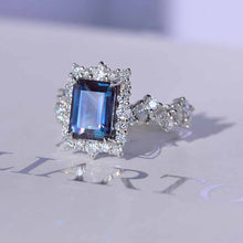 Load image into Gallery viewer, 4 Carat Vintage Style 10x8mm Emerald Cut Alexandrite White Gold Floral Shank Fairy Tail Halo Engagement Ring