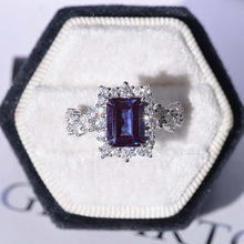 Load image into Gallery viewer, 4 Carat Vintage Style 10x8mm Emerald Cut Alexandrite White Gold Floral Shank Fairy Tail Halo Engagement Ring