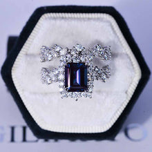 Load image into Gallery viewer, 3 Carat Alexandrite Engagement Ring Halo Emerald Cut Alexandrite Engagement Ring, 9x7mm Step Cut Alexandrite Fairy Tail Engagement Ring with Eternity Band