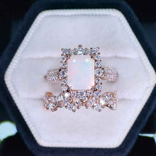 Load image into Gallery viewer, 3Ct White Opal Engagement Ring Halo Emerald Cut Opal Engagement Ring, 9x7mm Step Cut White Opal Engagement Ring with Eternity Band