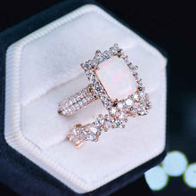 Load image into Gallery viewer, 3Ct White Opal Engagement Ring Halo Emerald Cut Opal Engagement Ring, 9x7mm Step Cut White Opal Engagement Ring with Eternity Band