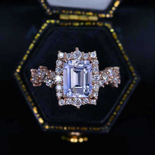 Load image into Gallery viewer, 3 Carat Vintage Style 9x7mm Gray Radiant Cut Purple Sapphire Gold Floral Shank Engagement Ring