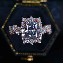 Load image into Gallery viewer, 3 Carat Vintage Style 9x7mm Gray Radiant Cut Giliarto Moissanite Gold Floral Shank Engagement Ring