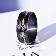 Load image into Gallery viewer, Damascus Steel Ring with Gold And Silver Foils and Chips Inlay.
