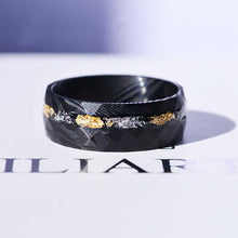 Load image into Gallery viewer, Damascus Steel Ring with Gold And Silver Foils and Chips Inlay.