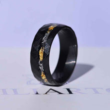 Load image into Gallery viewer, Damascus Steel Ring with Gold And Silver Foils and Chips Inlay.