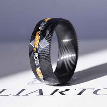 Load image into Gallery viewer, Damascus Steel Ring with Gold And Silver Foils and Chips Inlay.