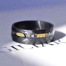 Load image into Gallery viewer, Damascus Steel Ring with Gold And Silver Foils and Chips Inlay.