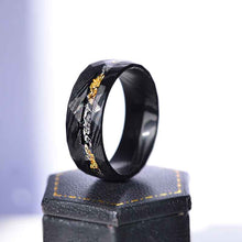 Load image into Gallery viewer, Damascus Steel Ring with Gold And Silver Foils and Chips Inlay.
