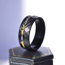 Load image into Gallery viewer, Damascus Steel Ring with Gold And Silver Foils and Chips Inlay.