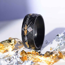 Load image into Gallery viewer, Damascus Steel Ring with Gold And Silver Foils and Chips Inlay.