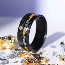 Load image into Gallery viewer, Damascus Steel Ring with Gold And Silver Foils and Chips Inlay.