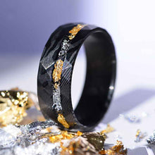 Load image into Gallery viewer, Damascus Steel Ring with Gold And Silver Foils and Chips Inlay.